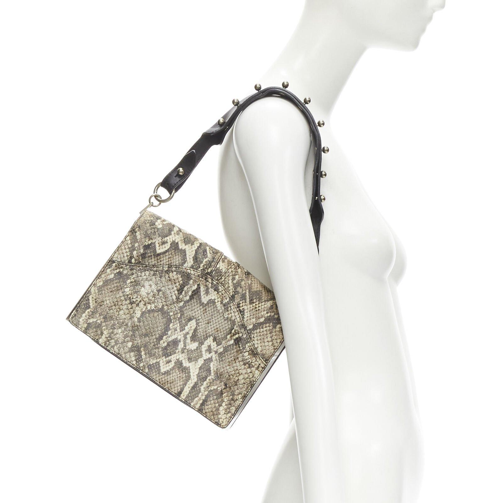 Gray ALEXANDER WANG brown scaled leather black studded strap flap shoulder bag