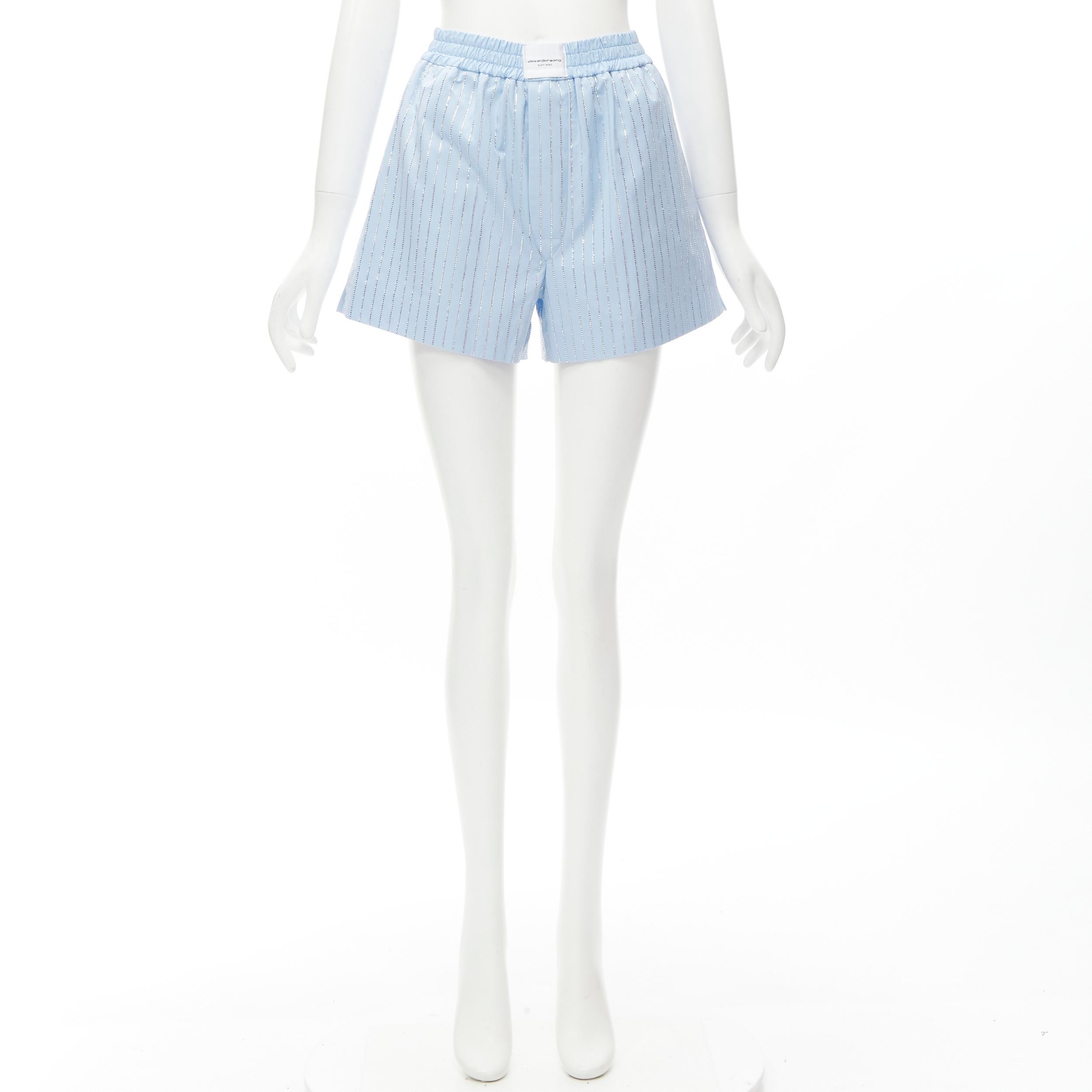 Women's ALEXANDER WANG Crystal Hotfix blue cotton oxford striped encrusted shorts S