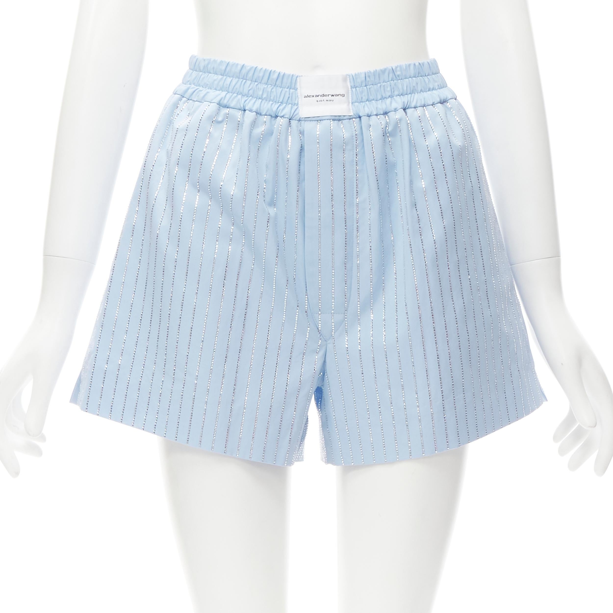 ALEXANDER WANG Crystal Hotfix blue cotton oxford striped encrusted shorts S 2