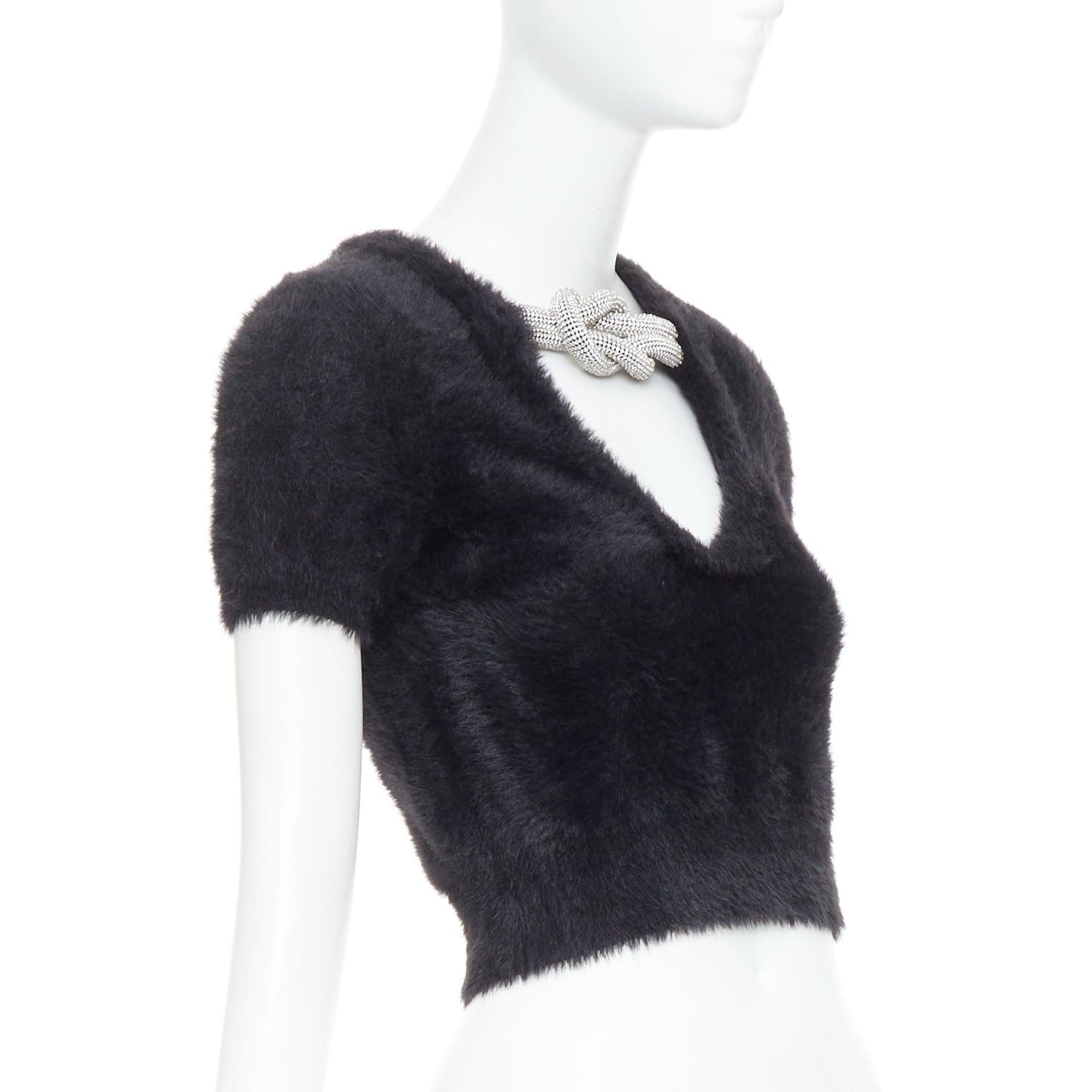 Black ALEXANDER WANG Crystal Knot black fuzzy V0-neck cropped sweater XS For Sale