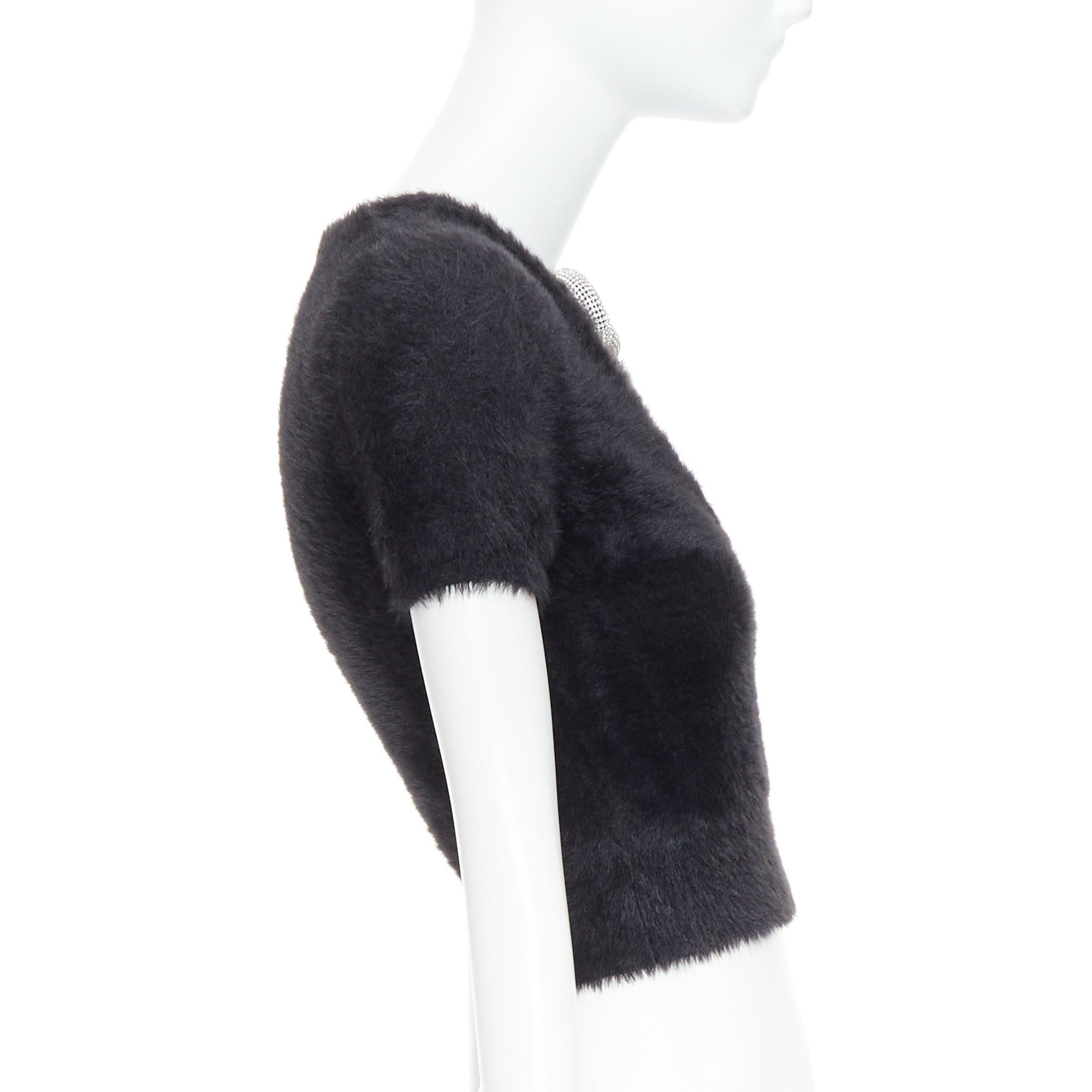 ALEXANDER WANG Crystal Knot black fuzzy V0-neck cropped sweater XS In Excellent Condition For Sale In Hong Kong, NT