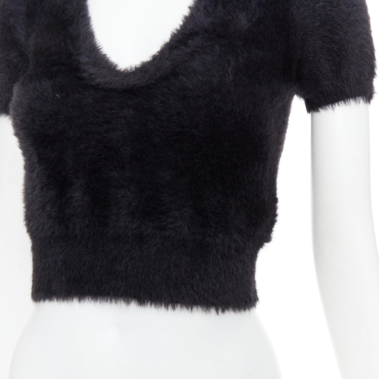 ALEXANDER WANG Crystal Knot black fuzzy V0-neck cropped sweater XS For Sale 2