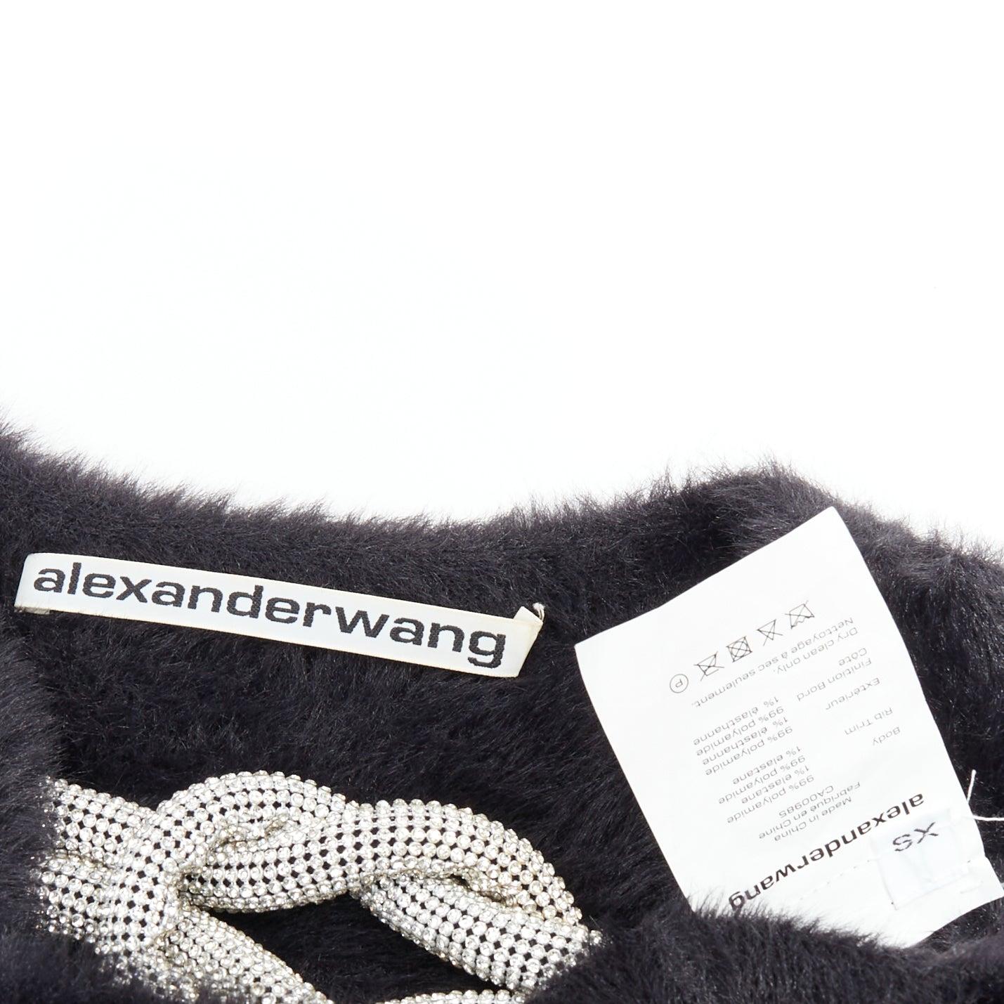 ALEXANDER WANG Crystal Knot black fuzzy V0-neck cropped sweater XS For Sale 3