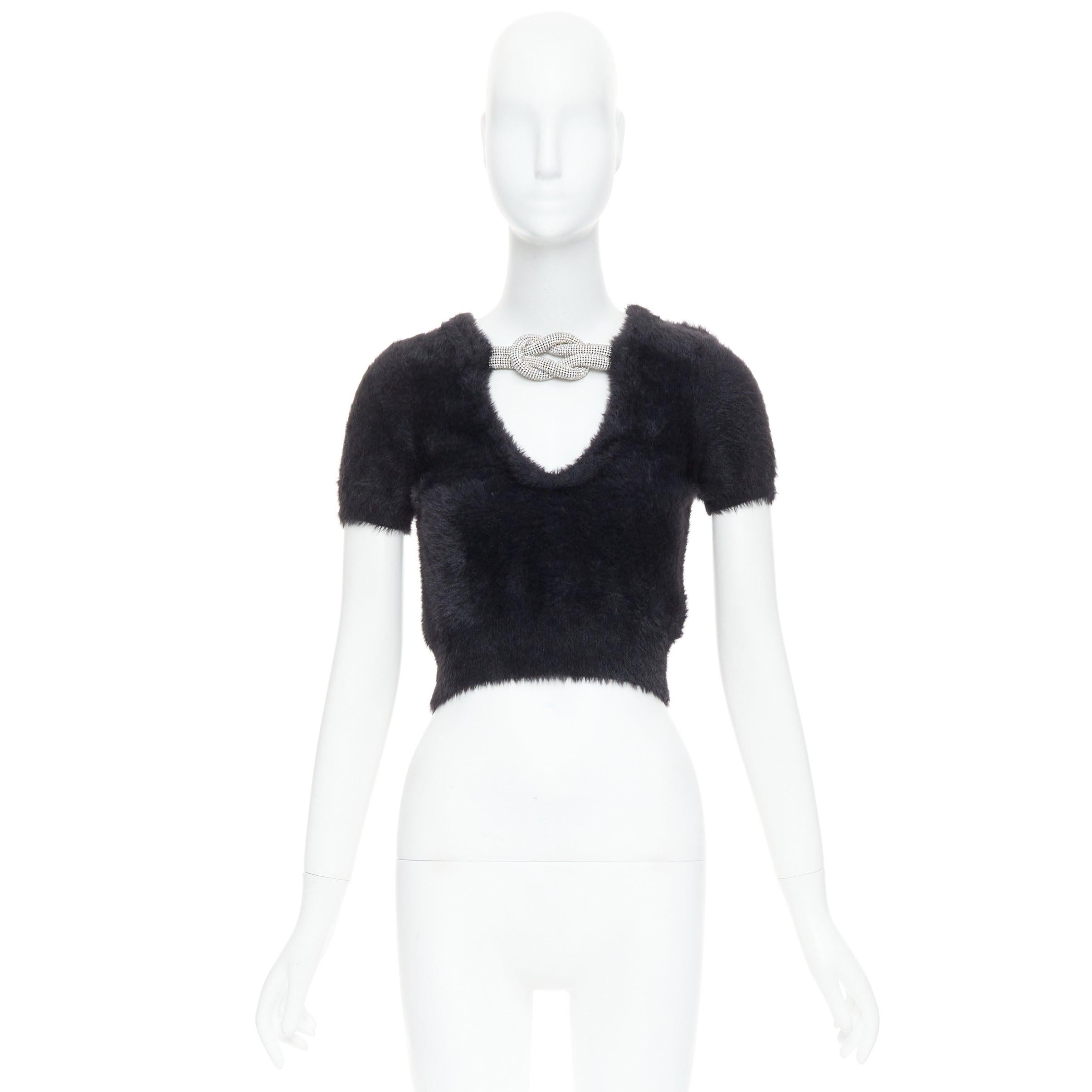 ALEXANDER WANG Crystal Knot black fuzzy V0-neck cropped sweater XS For Sale 4