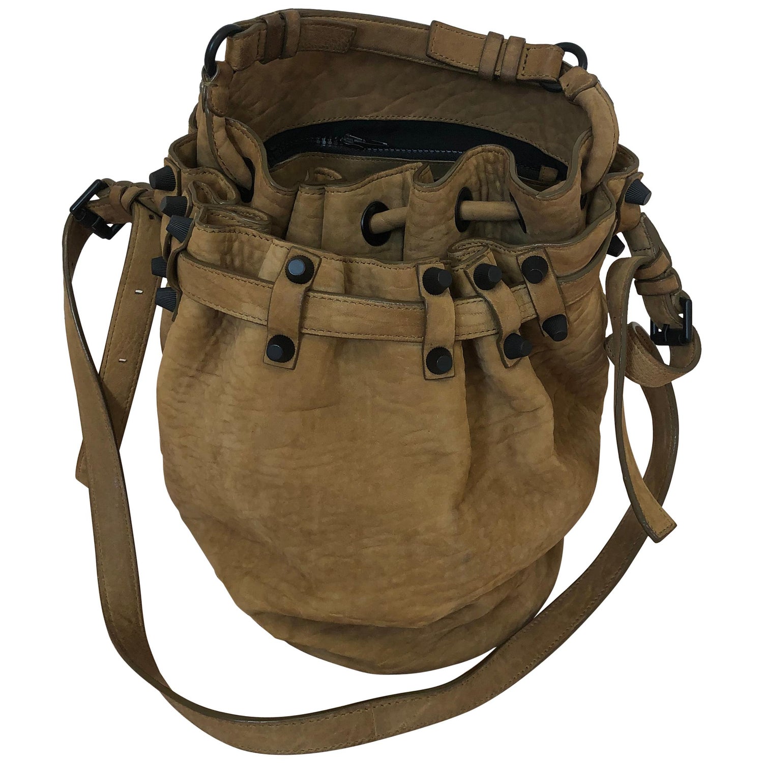 Alexander Wang "Diego" Suede Studded Bucket Bag in Taupe/Camel w/Dust Bag  at 1stDibs | alexander mcqueen continental wallet