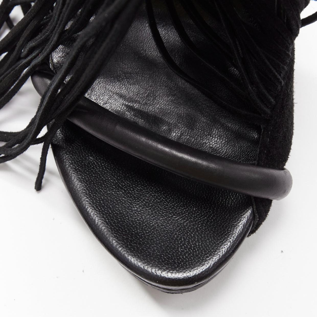 ALEXANDER WANG Dree black suede fringe embossed angular heel sandal EU37 For Sale 2