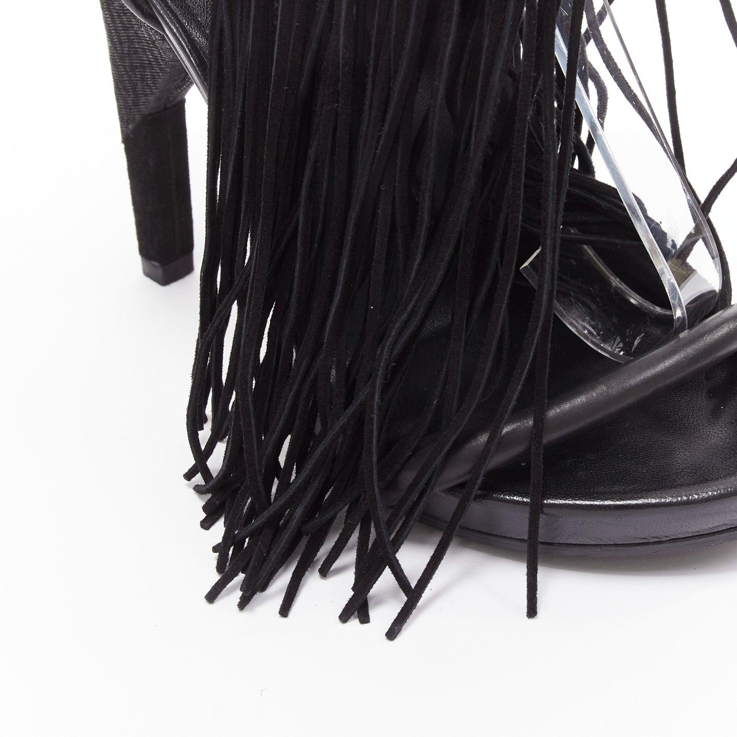 ALEXANDER WANG Dree black suede fringe embossed angular heel sandal EU37 For Sale 3