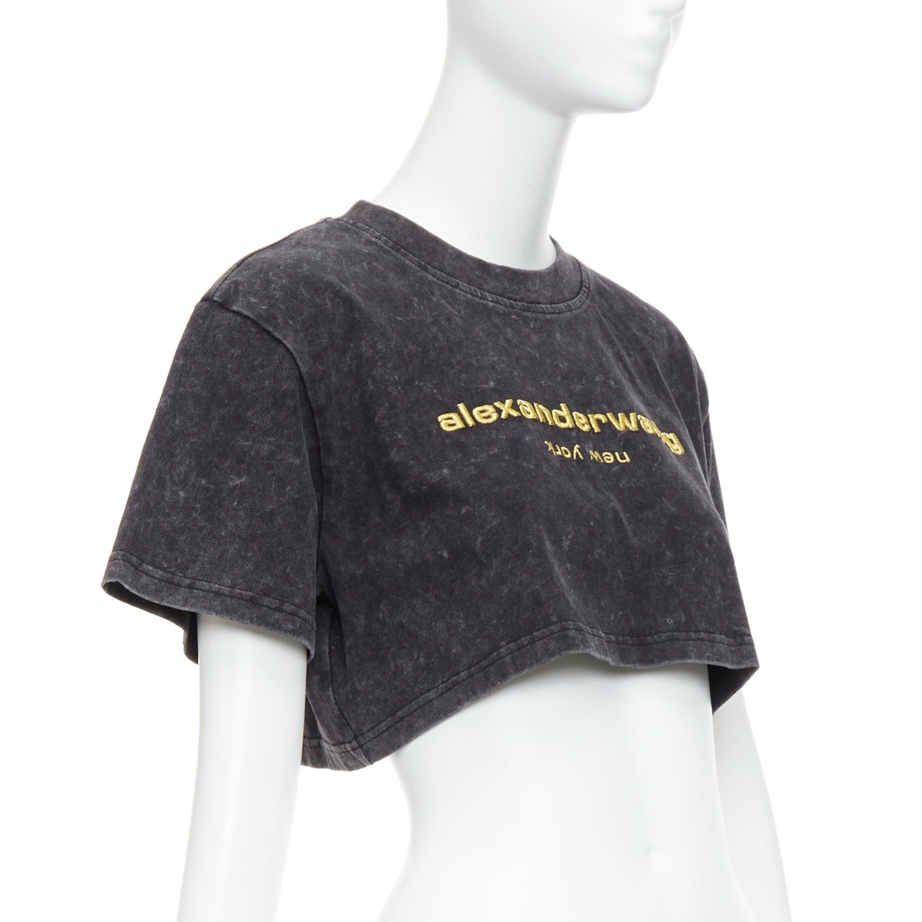 ALEXANDER WANG gold embroidered logo grey acid washed crop tshirt XS In Excellent Condition In Hong Kong, NT