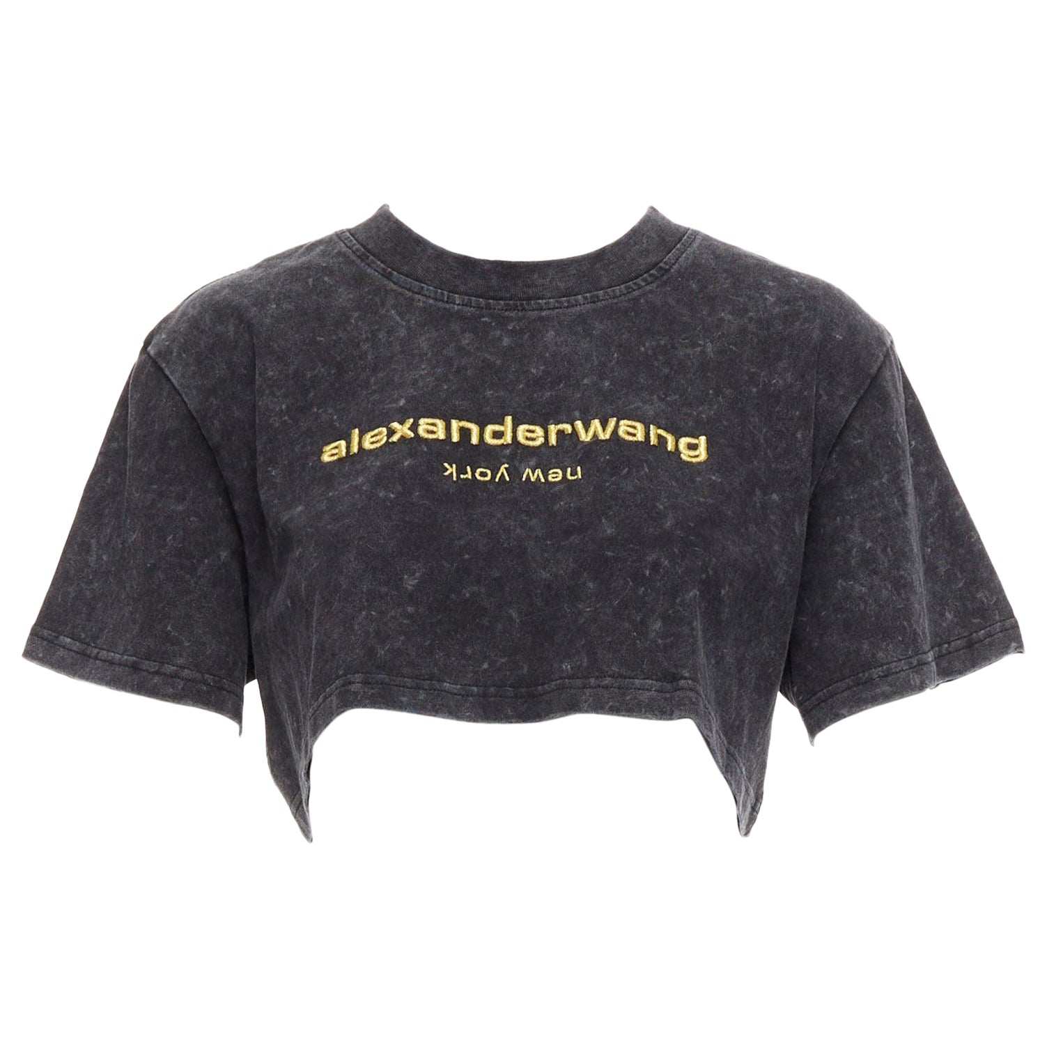 ALEXANDER WANG gold embroidered logo grey acid washed crop tshirt XS