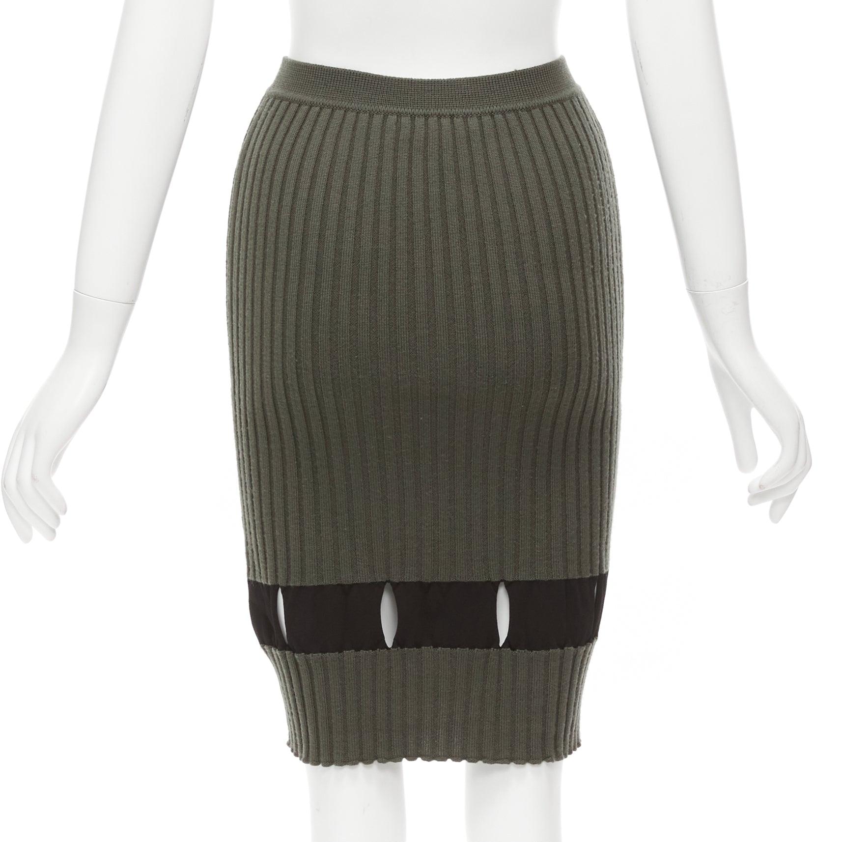 ALEXANDER WANG khaki black ribbed cut out pencil knee skirt XS For Sale 1