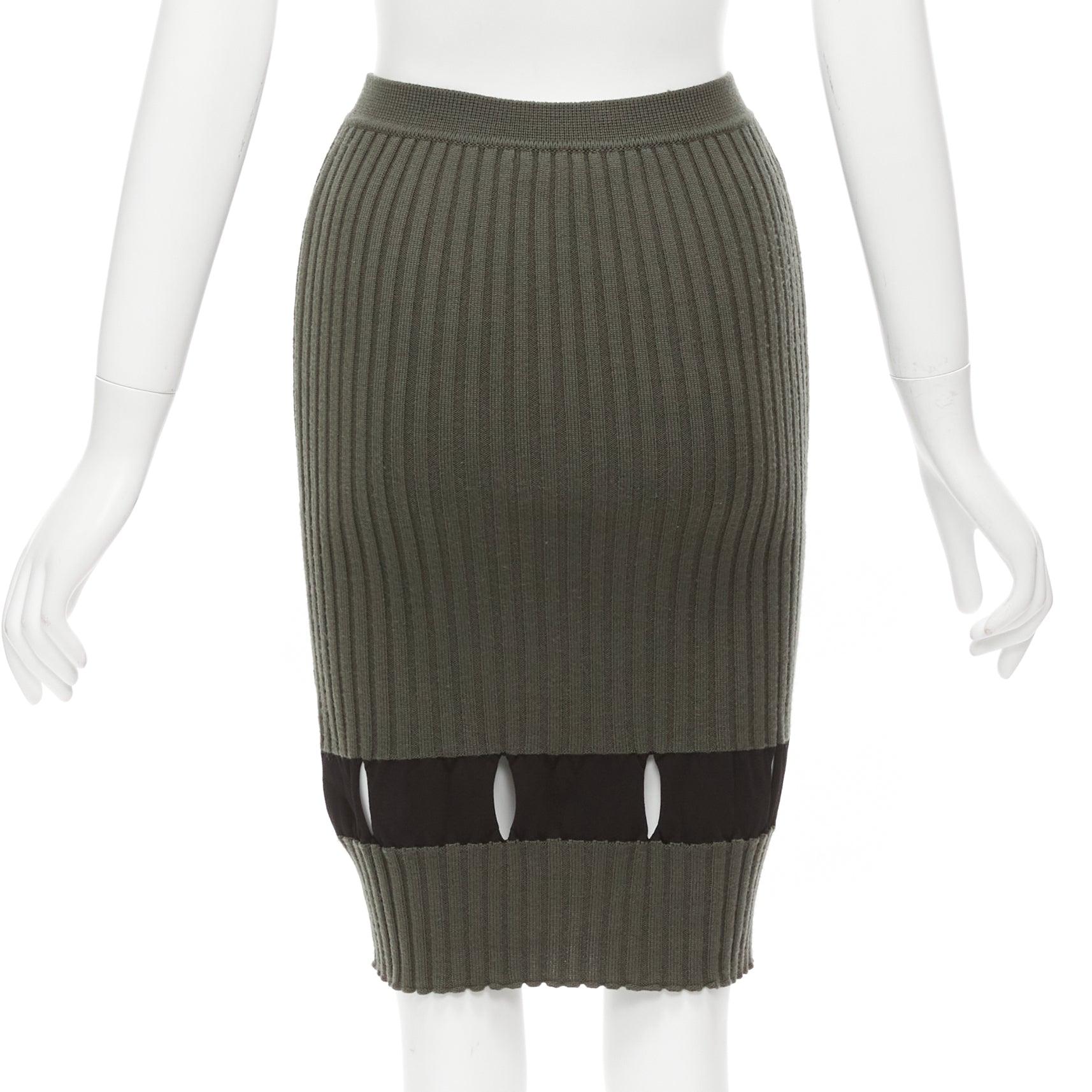 Women's ALEXANDER WANG khaki black ribbed cut out pencil knee skirt XS For Sale