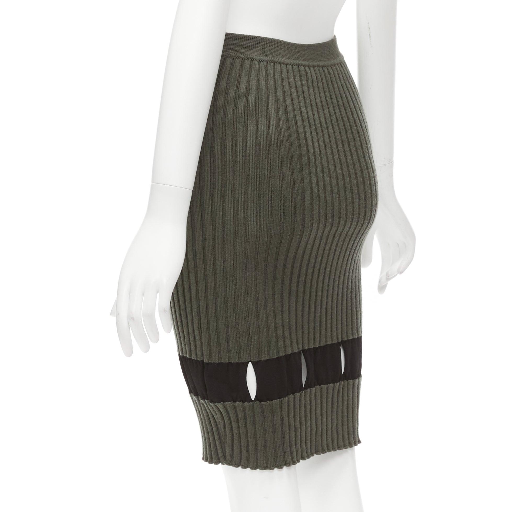 ALEXANDER WANG khaki black ribbed cut out pencil knee skirt XS For Sale 1