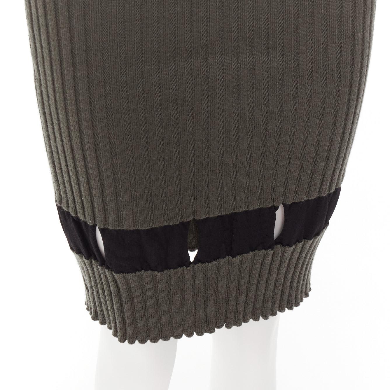 ALEXANDER WANG khaki black ribbed cut out pencil knee skirt XS For Sale 3