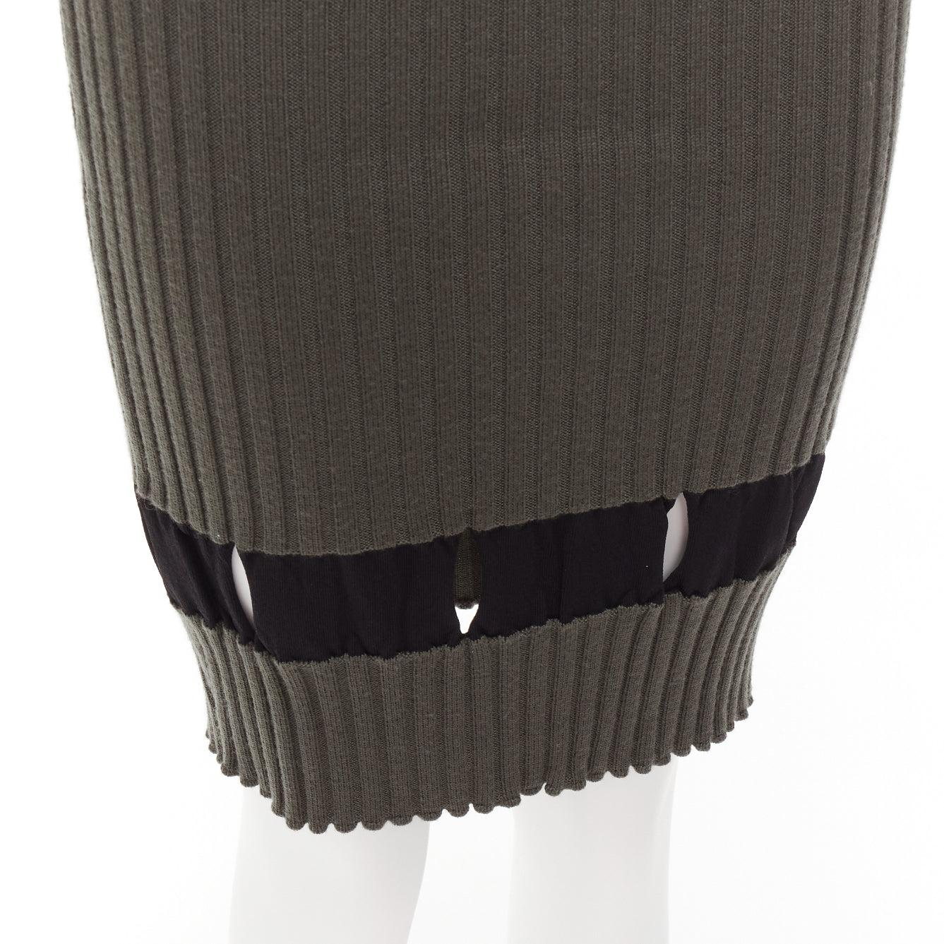 ALEXANDER WANG khaki black ribbed cut out pencil knee skirt XS For Sale 2
