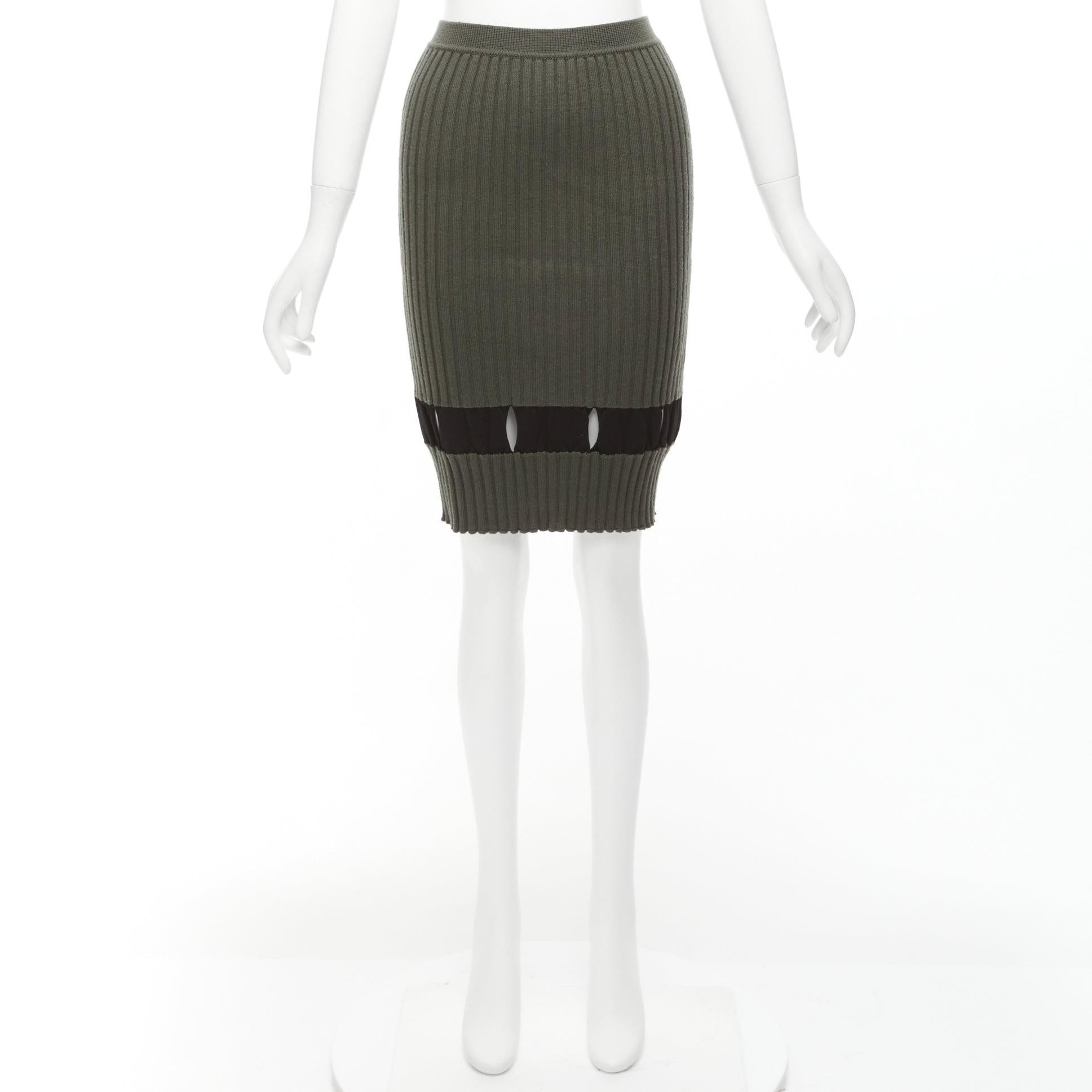 ALEXANDER WANG khaki black ribbed cut out pencil knee skirt XS For Sale 5