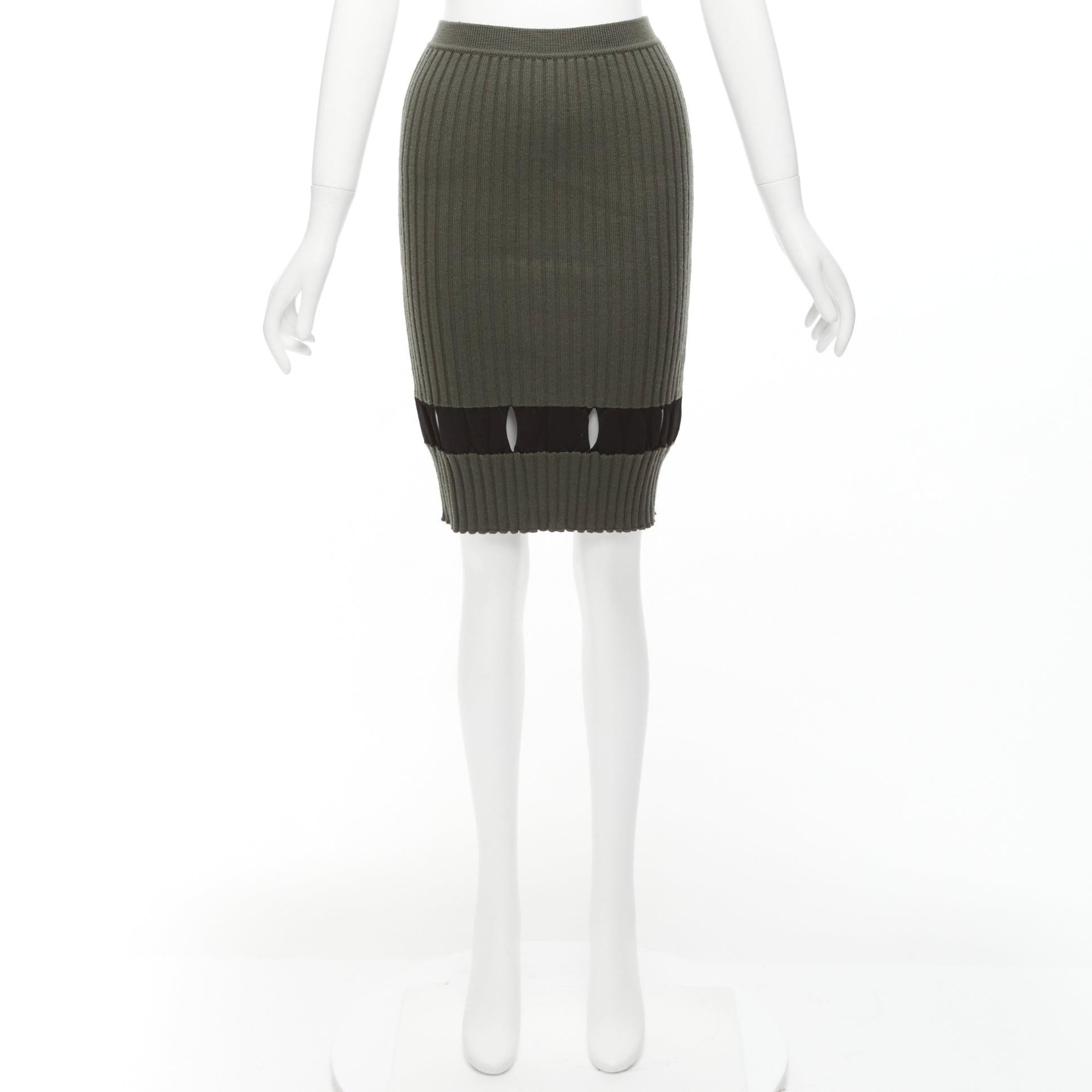 ALEXANDER WANG khaki black ribbed cut out pencil knee skirt XS For Sale 4