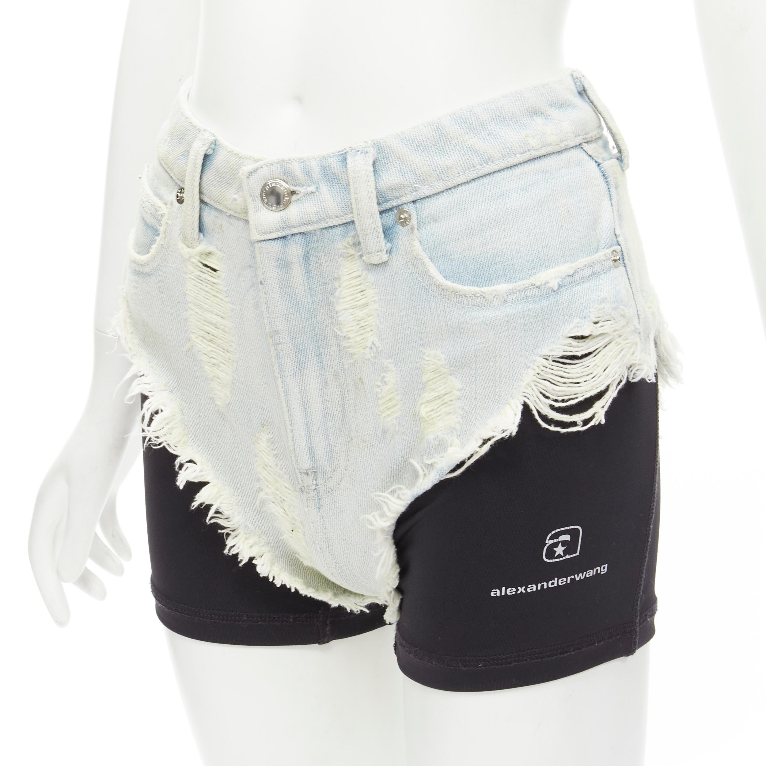ALEXANDER WANG light distressed denim black boy shorts legging layered shorts XS 
Reference: ANWU/A00534 
Brand: Alexander Wang 
Material: Denim 
Color: Blue 
Pattern: Solid 
Closure: Zip 
Extra Detail: Zip fly closure. 3-pocket at front. High rise