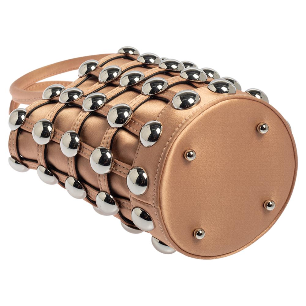 Alexander Wang Metallic Rose Gold Satin Woven Studded Bucket Bag In Good Condition In Dubai, Al Qouz 2