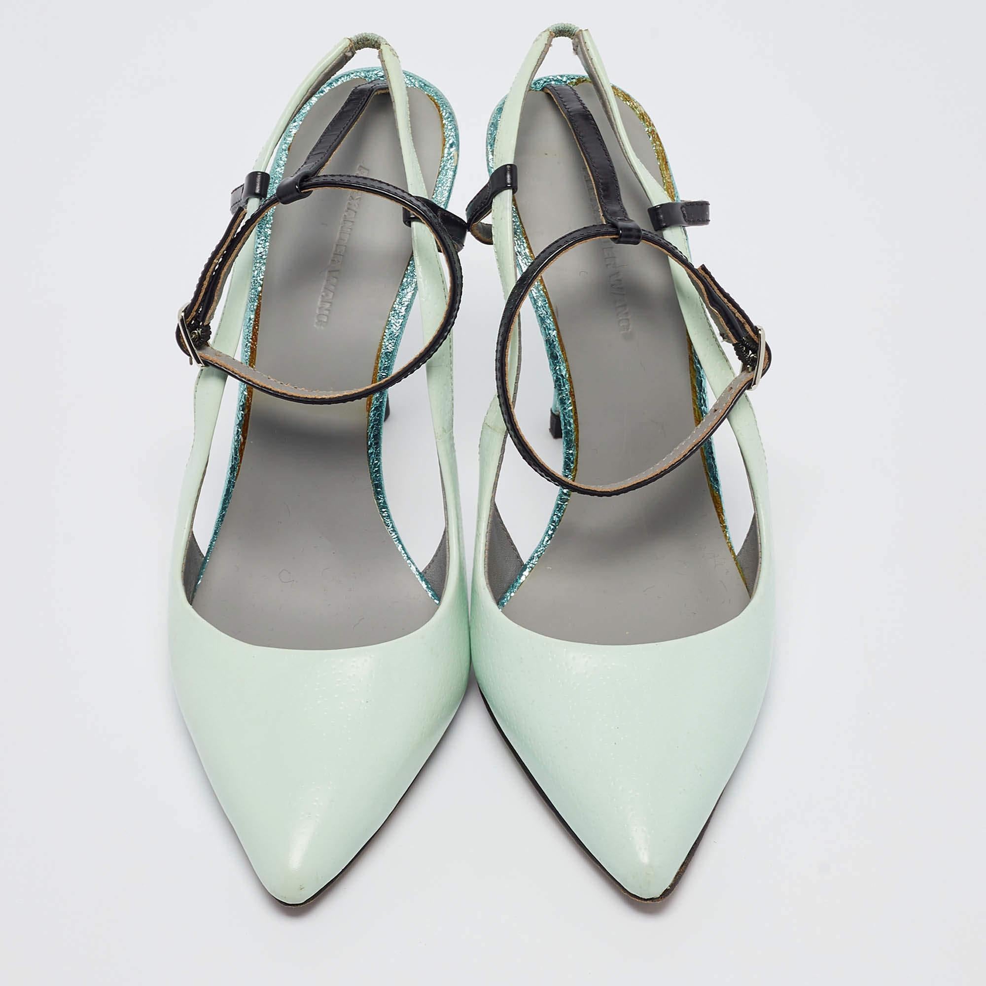 Alexander Wang Mint Green/Black Leather Slingback Ankle Strap Pumps Size 36 In Fair Condition In Dubai, Al Qouz 2