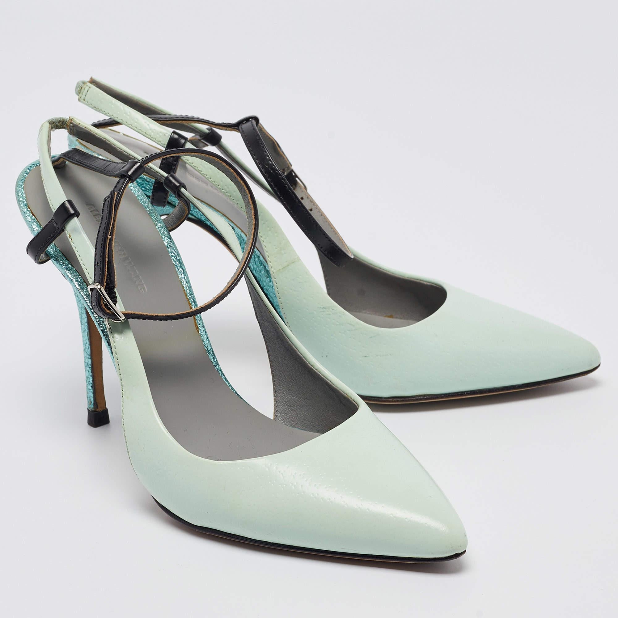 Women's Alexander Wang Mint Green/Black Leather Slingback Ankle Strap Pumps Size 36