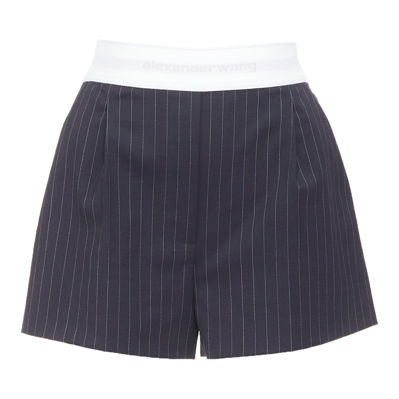 ALEXANDER WANG navy pinstripe white grey logo waistband shorts US0 XS For Sale