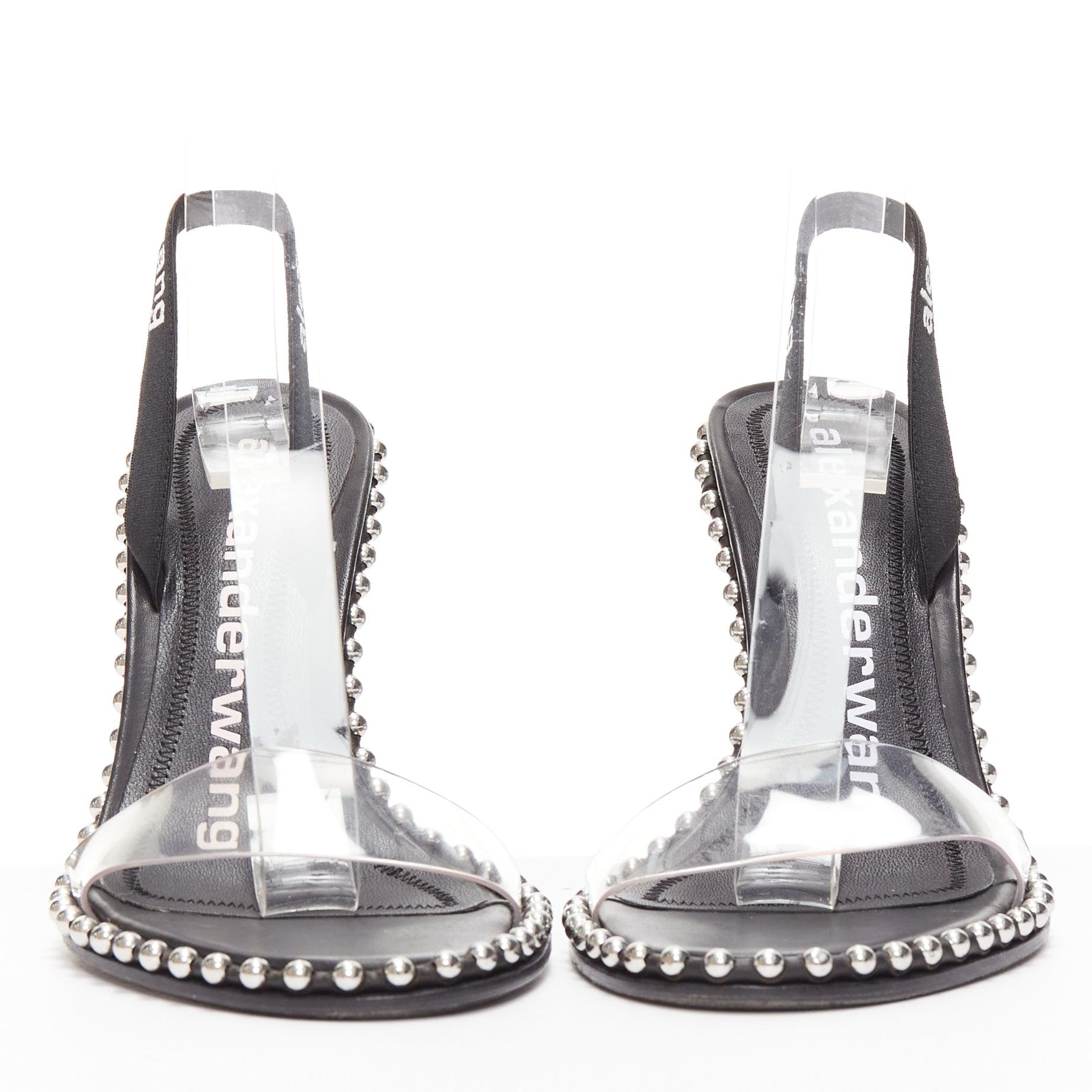 ALEXANDER WANG Nova 105 silver studded black logo slingback heels EU35 In Good Condition In Hong Kong, NT