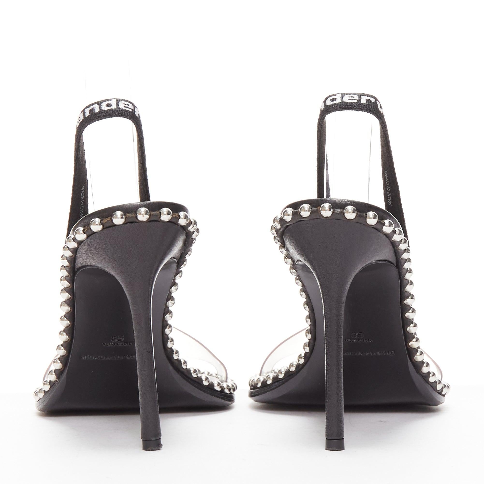 ALEXANDER WANG Nova 105 silver studded black logo slingback heels EU35 For Sale 1