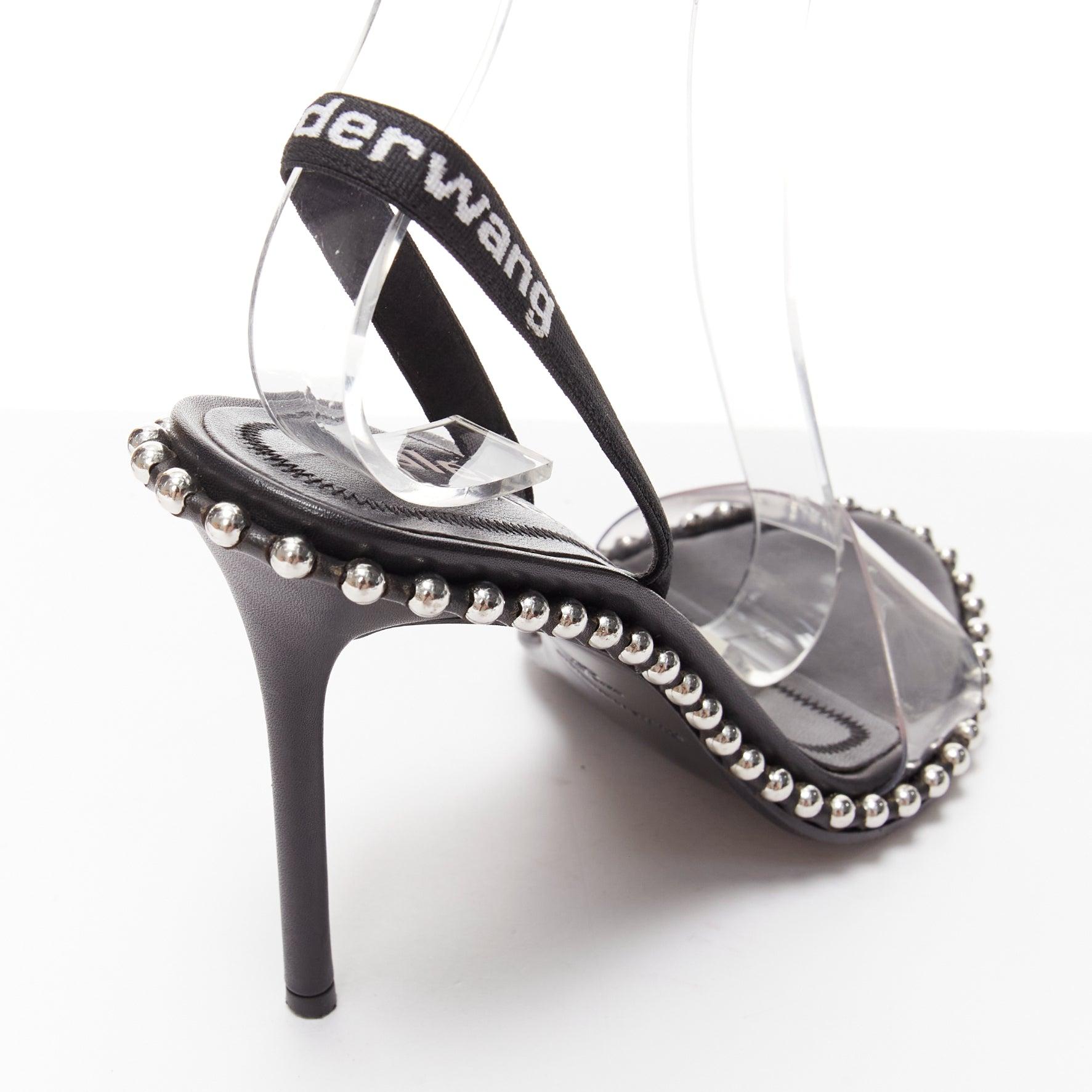 ALEXANDER WANG Nova 105 silver studded black logo slingback heels EU35 For Sale 4