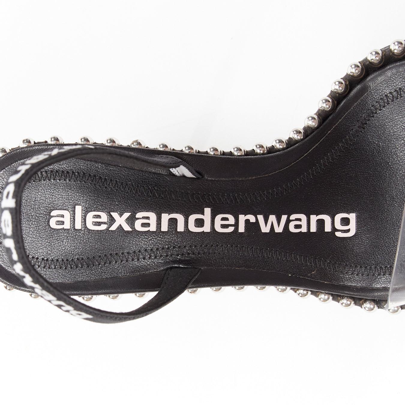 ALEXANDER WANG Nova 105 silver studded black logo slingback heels EU35 For Sale 5