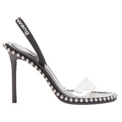 ALEXANDER WANG Nova 105 silver studded black logo slingback heels EU35