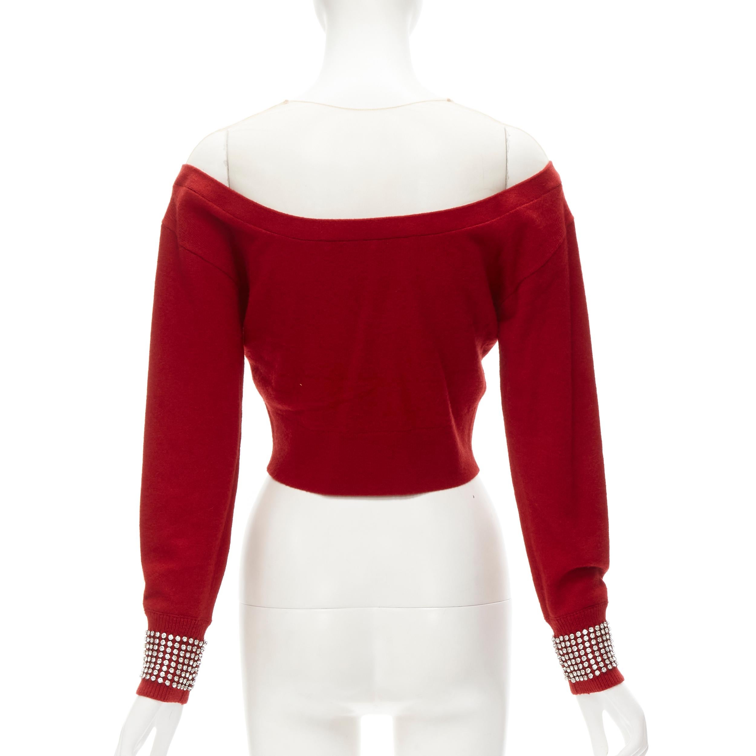 Red ALEXANDER WANG nude mesh red off shoulder crystal cuff cardigan S For Sale