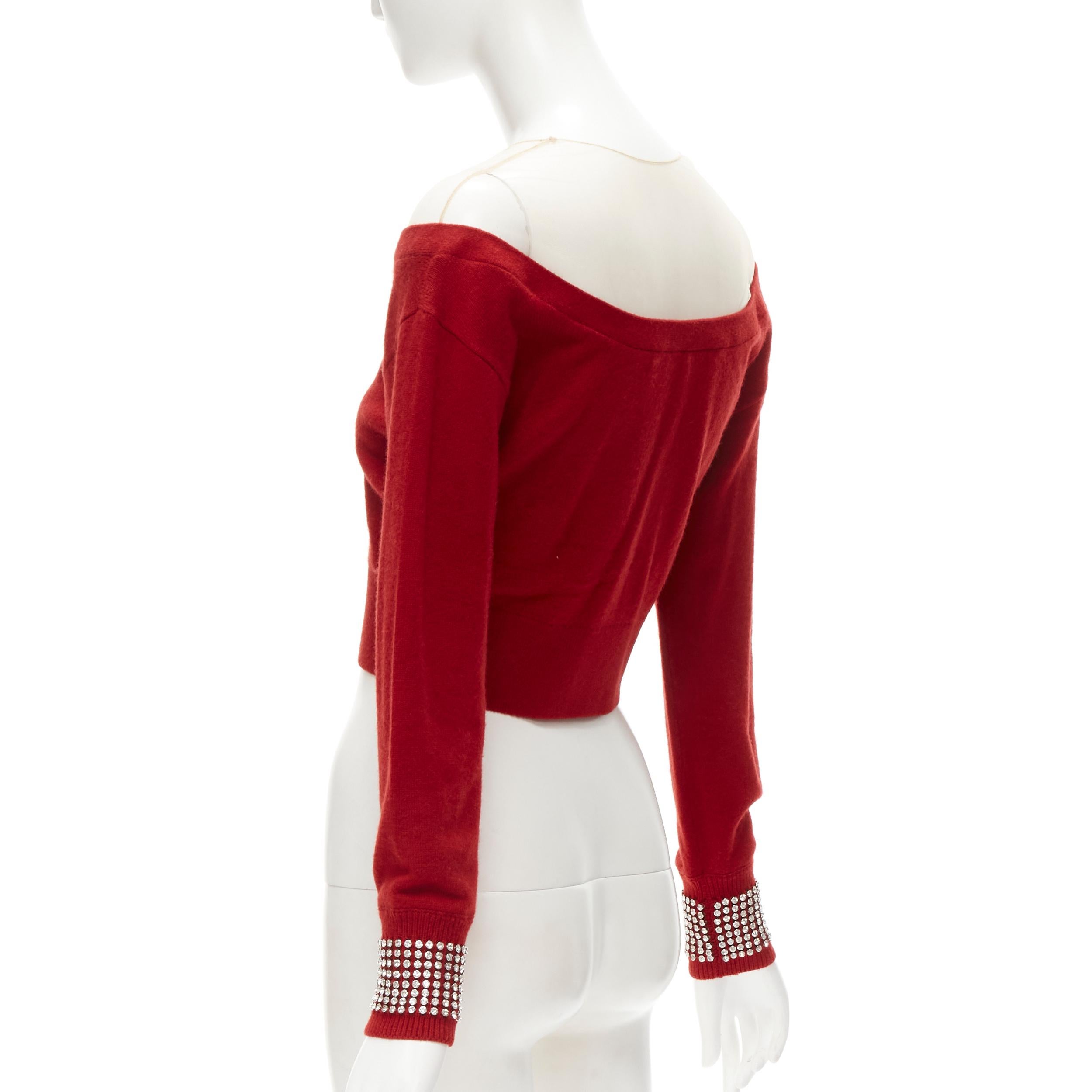 ALEXANDER WANG nude mesh red off shoulder crystal cuff cardigan S In Excellent Condition For Sale In Hong Kong, NT