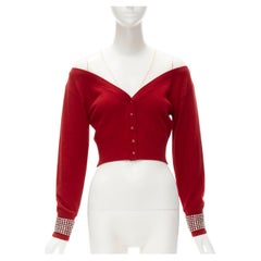 ALEXANDER WANG - Cardigan à poignets de cristaux en maille nude rouge à épaules décalées S