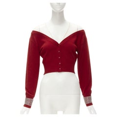 ALEXANDER WANG - Cardigan à poignets de cristaux en maille nude rouge à épaules décalées S