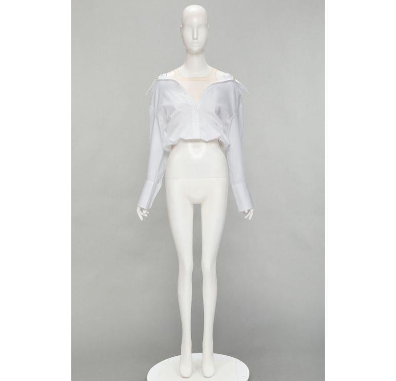ALEXANDER WANG nude yoke white crystal embellished off shoulder cropped shirt S For Sale 4