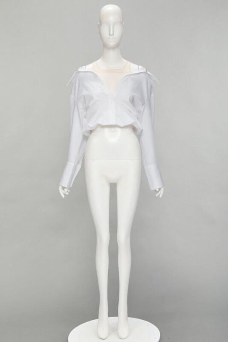 ALEXANDER WANG nude yoke white crystal embellished off shoulder cropped shirt S For Sale 5