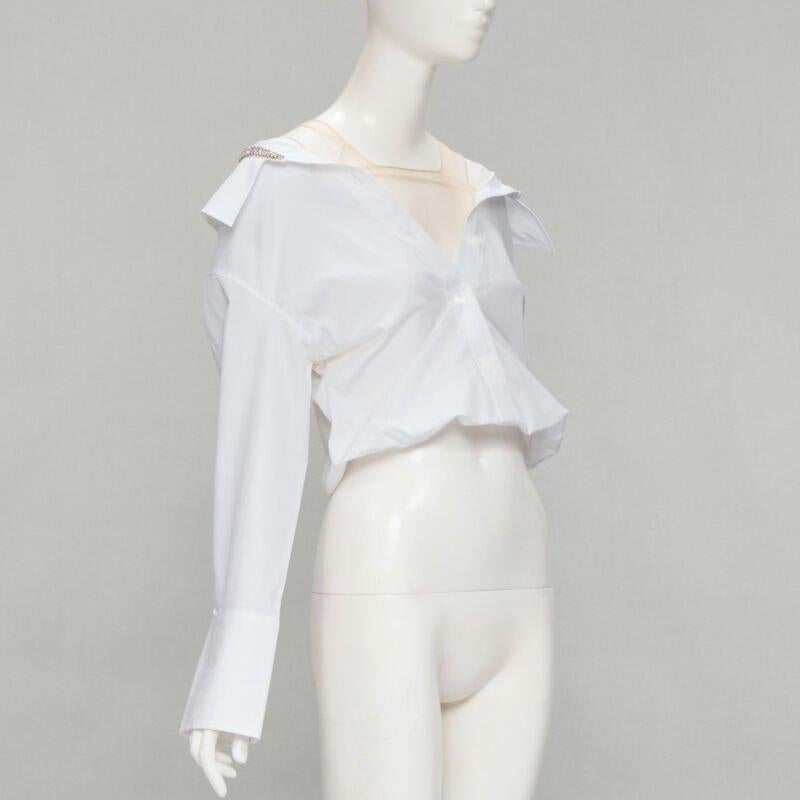 Gray ALEXANDER WANG nude yoke white crystal embellished off shoulder cropped shirt S For Sale