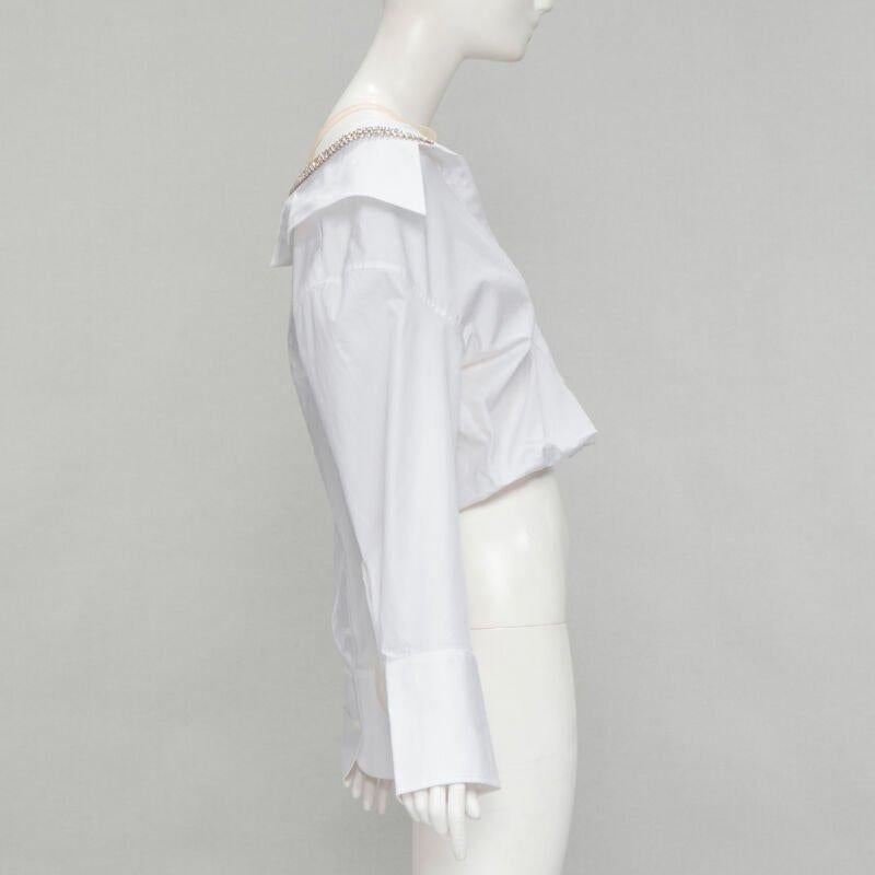ALEXANDER WANG nude yoke white crystal embellished off shoulder cropped shirt S In Excellent Condition For Sale In Hong Kong, NT