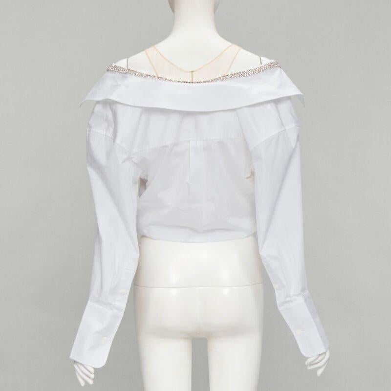 Women's ALEXANDER WANG nude yoke white crystal embellished off shoulder cropped shirt S For Sale