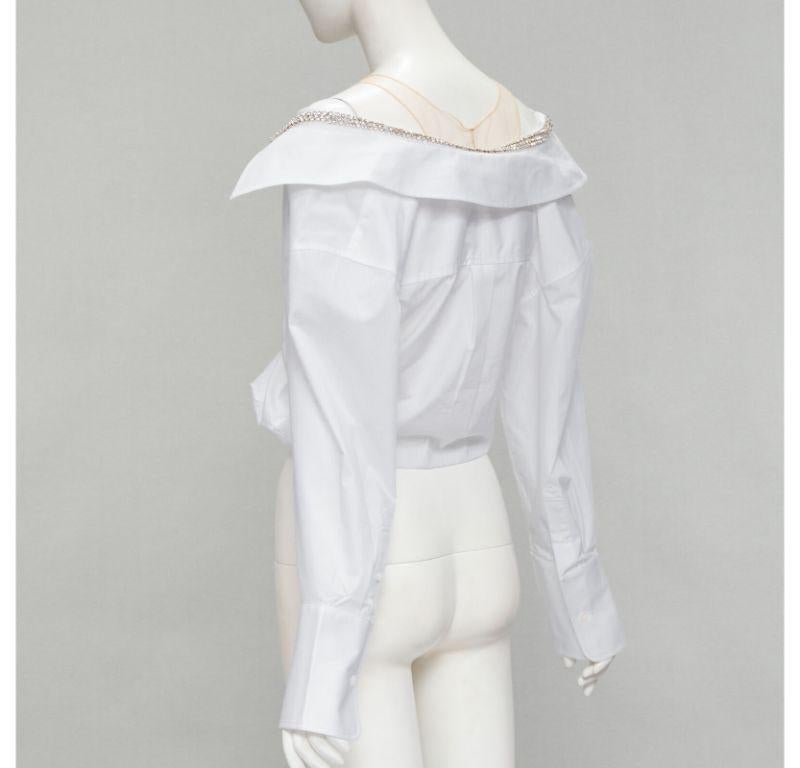 Women's ALEXANDER WANG nude yoke white crystal embellished off shoulder cropped shirt S For Sale