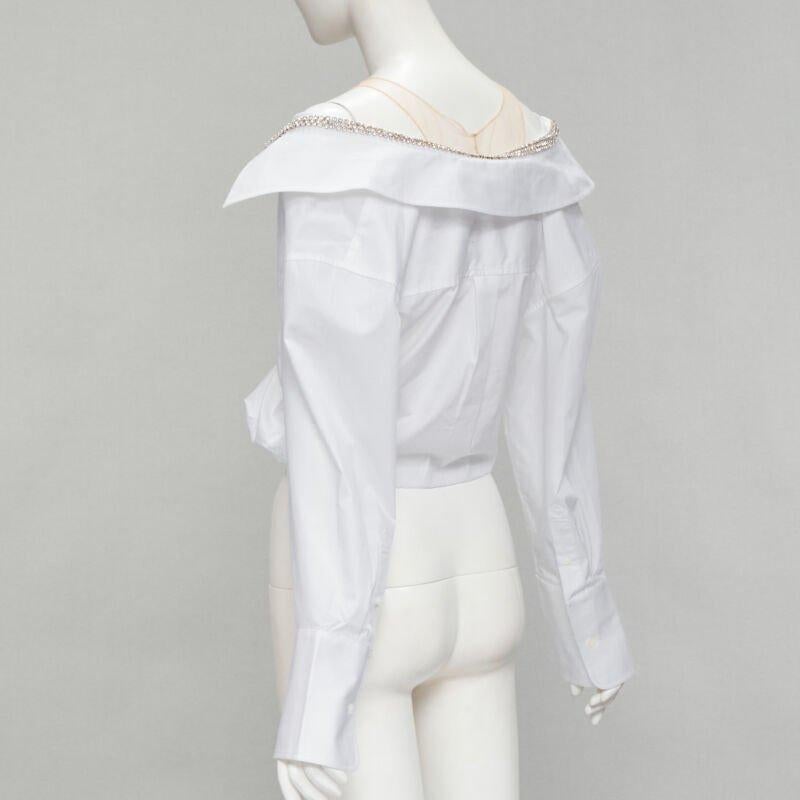 ALEXANDER WANG nude yoke white crystal embellished off shoulder cropped shirt S For Sale 1