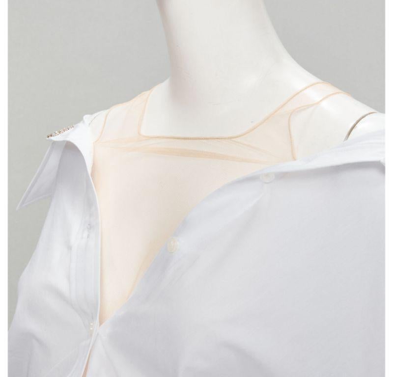 ALEXANDER WANG nude yoke white crystal embellished off shoulder cropped shirt S For Sale 1