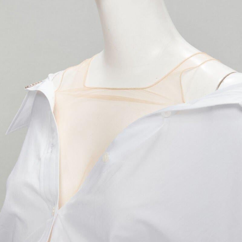 ALEXANDER WANG nude yoke white crystal embellished off shoulder cropped shirt S For Sale 2