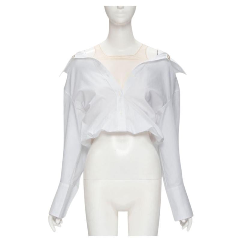 ALEXANDER WANG nude yoke white crystal embellished off shoulder cropped shirt S For Sale