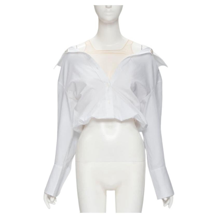 ALEXANDER WANG nude yoke white crystal embellished off shoulder cropped shirt S For Sale