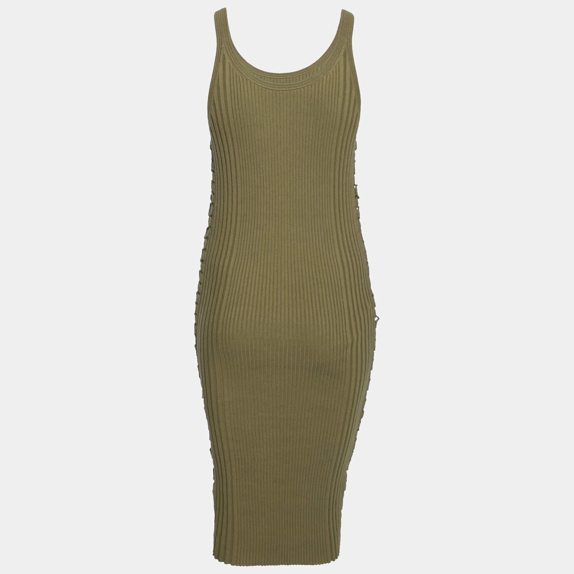You can never go wrong with this simple yet chic dress from Alexander Wang. It is made using cotton into a flattering silhouette that is accentuated with a rib knit pattern. Wear the olive green sleeveless dress with booties for an elevated style.