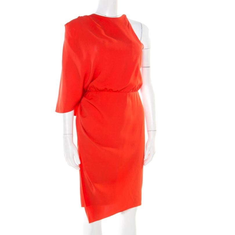 Red Alexander Wang Orange Silk Asymmetric Sleeve Sheath Dress S