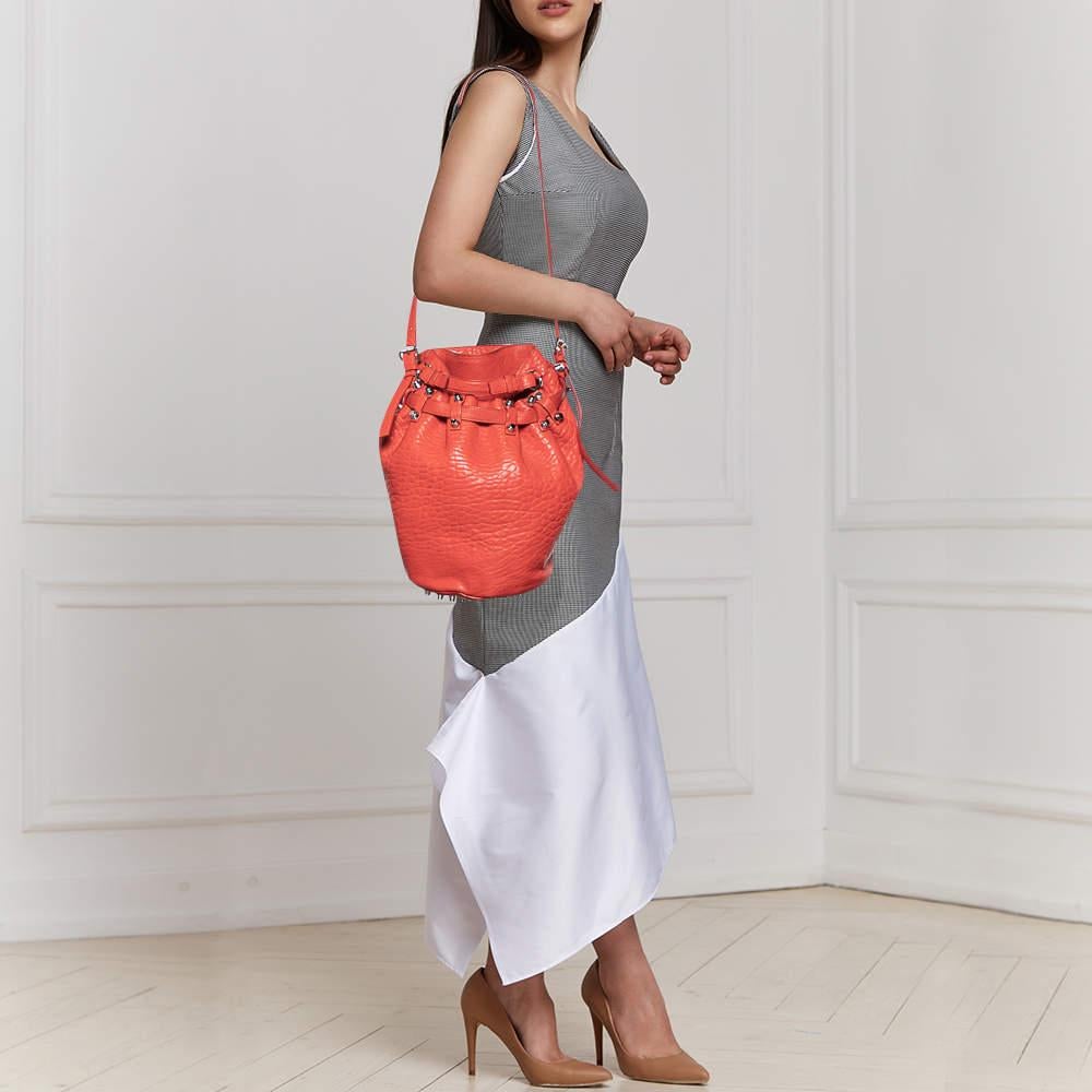Alexander Wang Orange Textured Leather Diego Bucket Bag In Good Condition In Dubai, Al Qouz 2