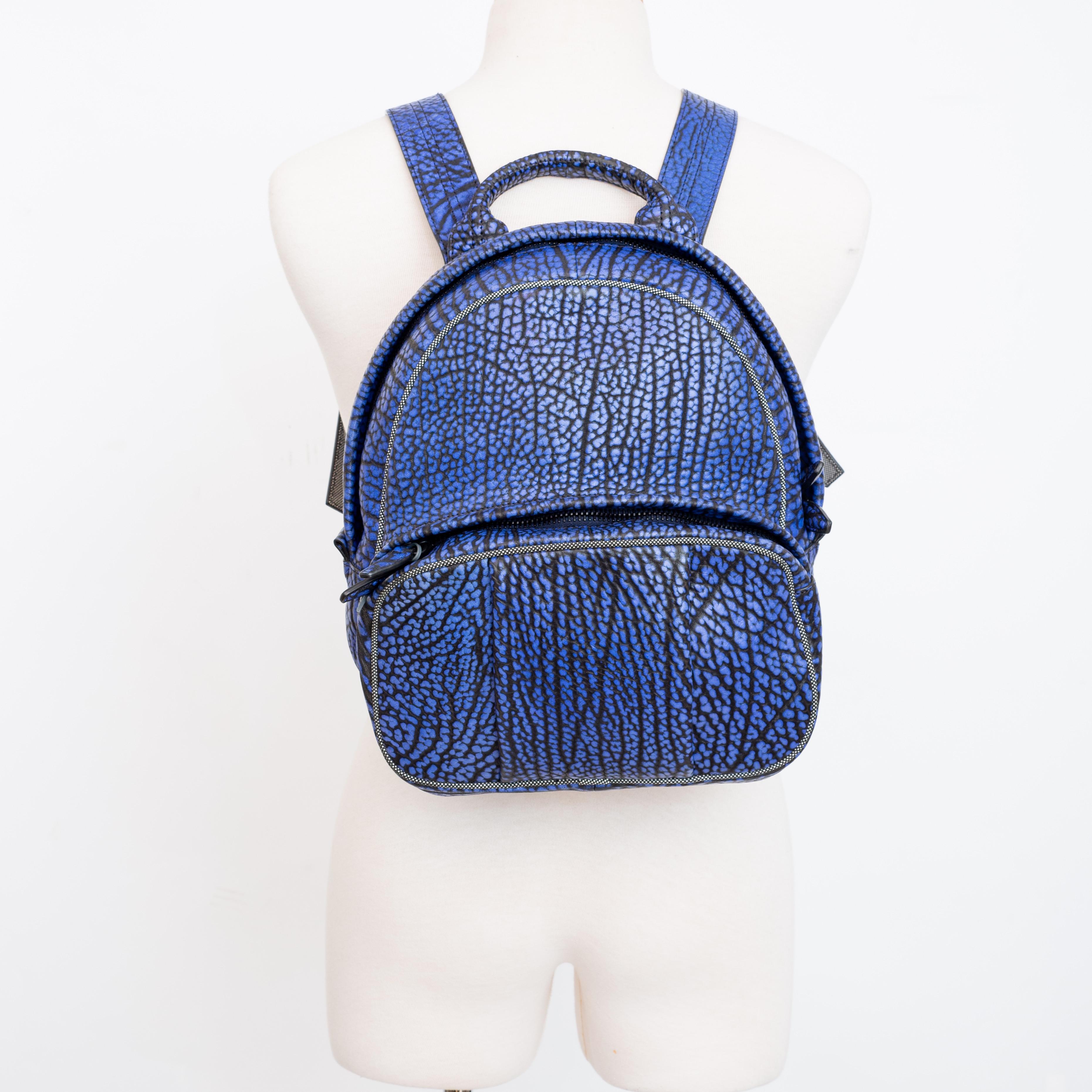 This backpack is made with pebbled lambskin in contrast tip nile blue and features black and white contrasting leather trim, black hardware, dual zip around closure, a front pocket and black fabric interior lining.

COLOR: Blue
MATERIAL: Lambskin