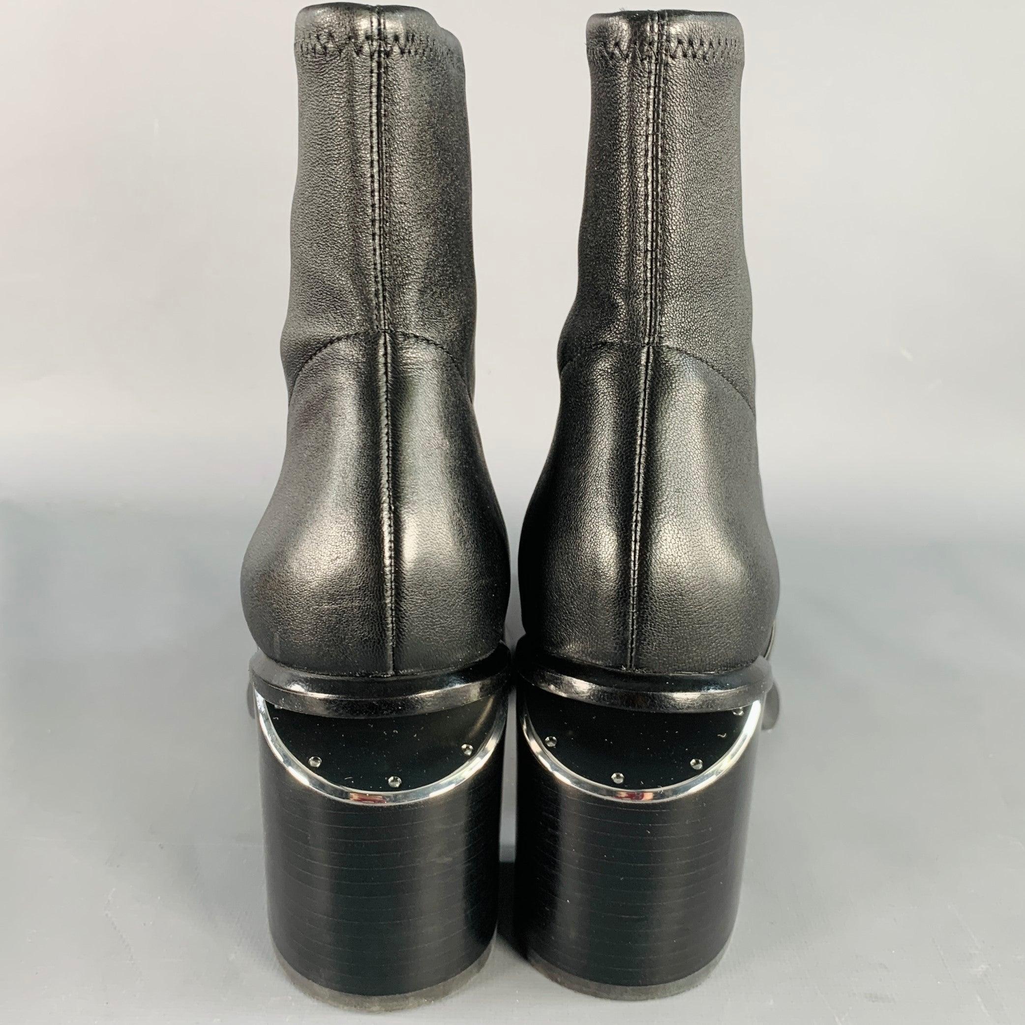 ALEXANDER WANG Size 11 Anna Black Lambskin Leather Stretch Cut Out Chunky Heel Boots In Good Condition For Sale In San Francisco, CA